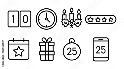 Christmas Countdown Icons. Outline icon set of Christmas countdown: number blocks, ticking clock, advent