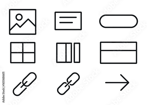 UX Wireframe Icons. Outline icon set of UX wireframe symbols: placeholder image, text block, button shape,