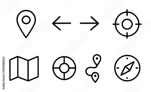 Navigation Icon Set. Outline icon set of navigation UI icons: location pin, back arrow, forward arrow, GPS