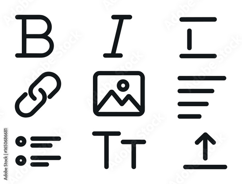 Modern Editor Icon Set. Outline icon set of content editor icons: bold text, italic icon, underline line, link