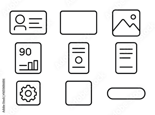Modern UI Icon Set. Outline icon set of modern UI cards: profile card, content box, image tile, stat block,
