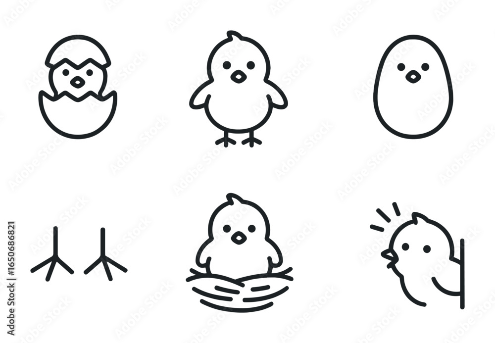 Obraz premium Easter Chick Icons. Outline icon set of Easter chicks: hatching chick, standing chick, fluffy chick, chick in