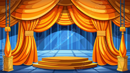 Luxurious orange velvet curtains cascade gracefully across the empty theater stage, velvet folds glowing beneath soft blue light, embodying luxurious refinement, elegant charm, and timeless grandeur w