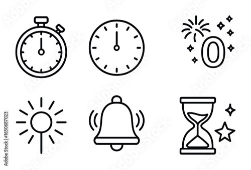 New Year Icon Set. Outline icon set of countdown to New Year: timer, clock hands, digital countdown, fireworks
