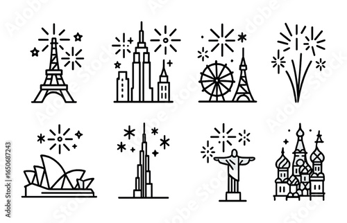 Global Landmarks Fireworks Icons. Outline icon set of fireworks over landmarks: Eiffel Tower flare, NYC
