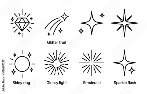 Modern Fireworks Icons. Outline icon set of sparkling fireworks: gem burst, glitter trail, luminous icon,