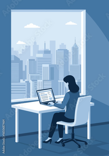 A focused individual works diligently on a laptop at a desk, gazing out a large window at a sprawling urban cityscape bathed in serene blue tones.