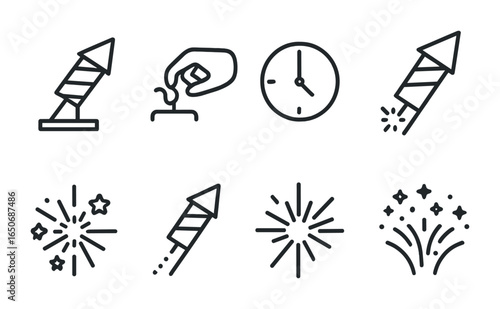 Firework Launch Icons. Outline icon set of firework launch steps: setup icon, fuse check, countdown, spark