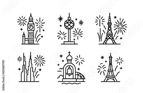 Global Celebrations Icons. Outline icon set of iconic celebrations: fireworks at Big Ben, NYC ball drop, Tokyo
