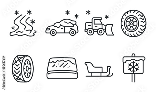 Frozen Transport Icons. Outline icon set of frozen transportation: icy road, snow-covered car, snowplow,