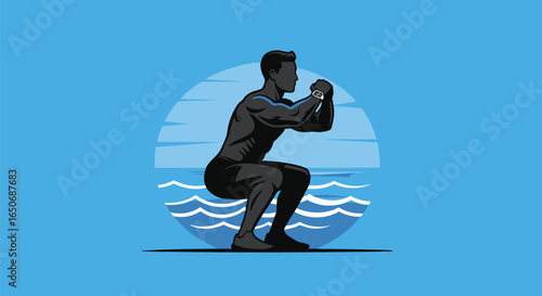 Athletic man performing a squat workout exercise for leg day strength training, vector illustration with a stylized water background