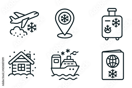 Winter Travel Icons. Outline icon set of winter travel icons: plane over snow, cold destination pin, winter