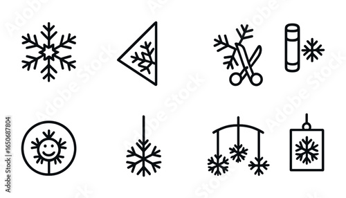 Snowflake Craft Icons. Outline icon set of snowflake crafts: flake cutout, folded paper, scissors and flake,