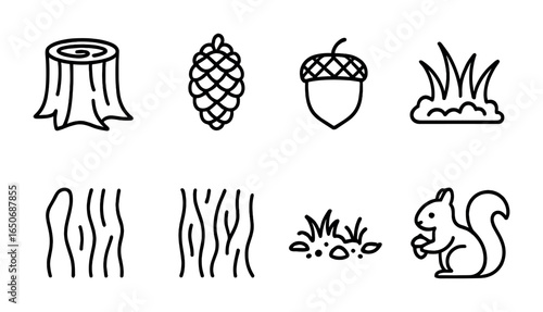 Autumn Forest Icons. Outline icon set of forest elements in autumn: tree trunk, pine cone, acorn, moss patch,