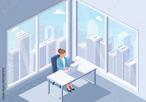 A professional woman works on her laptop at a modern office desk, with large windows providing a panoramic view of a bustling city skyline.