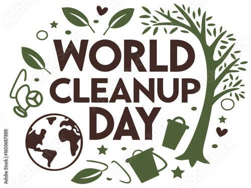 World Cleanup Day Graphic with Earth Tree Leaves and Cleaning Equipment in Brown and Green