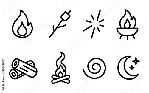 Bonfire Night Icons. Outline icon set of bonfire night: flame icon, marshmallow stick, spark trail, fire pit,