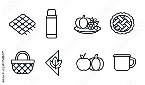 Seasonal Picnic Icons. Outline icon set of seasonal picnic: plaid blanket, thermos, harvest spread, apple pie,