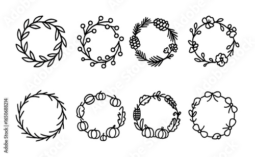 Seasonal Wreath Icons. Outline icon set of seasonal wreaths: leaf ring, berry wreath, pine cone decor, dried