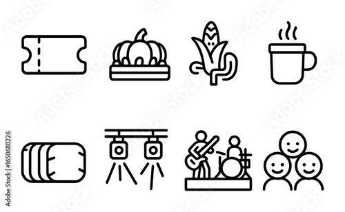 Fall Festival Icons. Outline icon set of fall festival icons: ticket stub, pumpkin patch, corn maze, cider cup