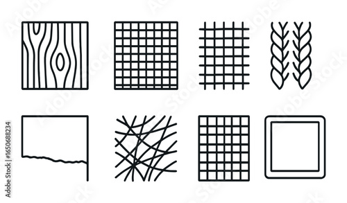 Rustic Texture Icons. Outline icon set of rustic textures: woodgrain, linen fabric, burlap weave, knit stitch,