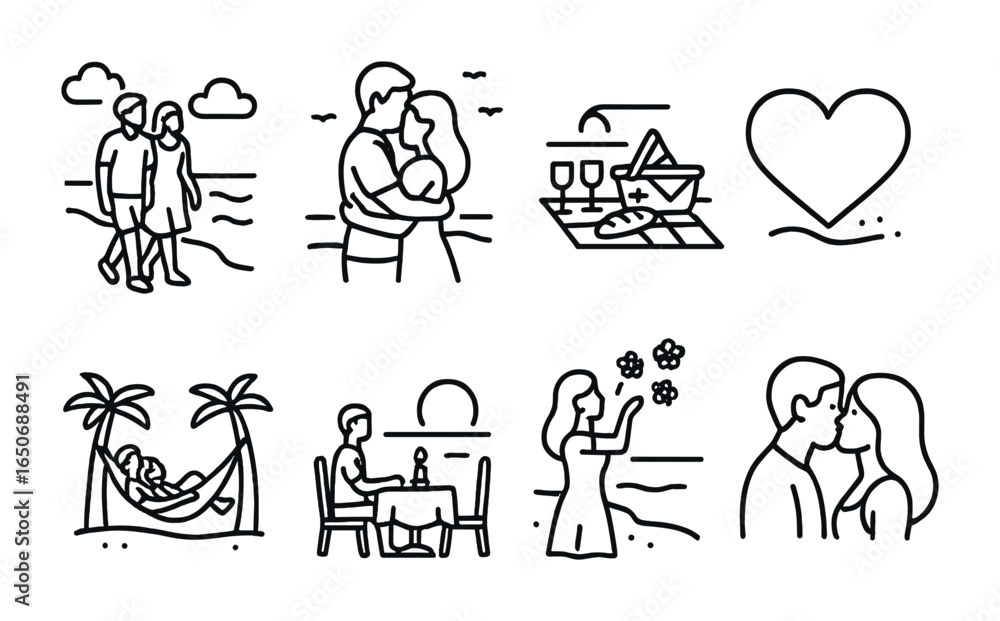 Obraz premium Romantic Beach Icons. Outline icon set of romantic beach scenes: couple walking, sunset hug, picnic on beach,