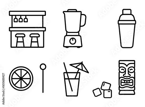 Tropical Drink Icons. Outline icon set of tropical drinks bar: bar counter, blender, cocktail shaker, tiki