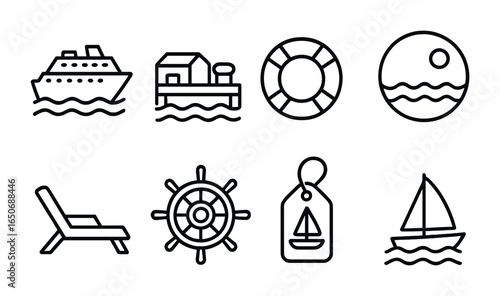 Cruise Vacation Icons. Outline icon set of cruise vacation: cruise ship, port icon, life preserver, ocean view