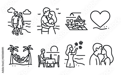 Romantic Beach Icons. Outline icon set of romantic beach scenes: couple walking, sunset hug, picnic on beach,