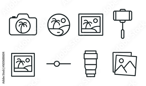 Beach Photography Icons. Outline icon set of beach photography: camera with palm, lens reflection, photo frame