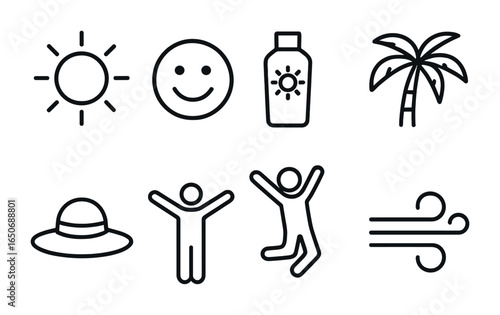 Sunshine Fun Icons. Outline icon set of fun in the sun: sun icon, smiling face, tanning lotion, shadow palm,