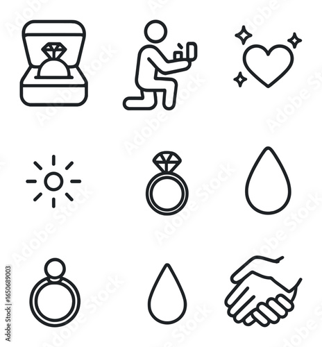 Engagement Proposal Icons. Outline icon set of proposal scene: ring box, kneeling figure, shocked partner,