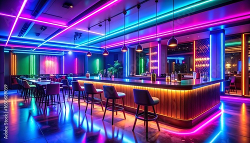 Vibrant bar area with neon lighting.