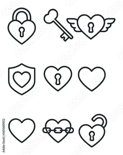 Heart Lock Icons. Outline icon set of heart lock elements: padlock heart, golden key, lock with wings, closed