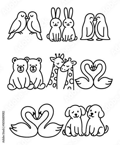 Romantic Animal Icons. Outline icon set of romantic animal pairs: love birds, bunny couple, fox hug, penguin