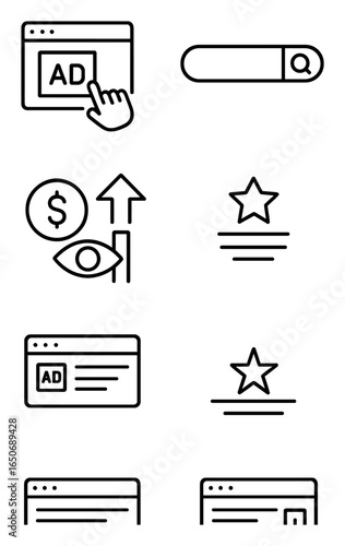 Search Marketing Icons. Outline icon set of search engine marketing: pay-per-click, search bar, sponsored tag,