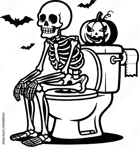 A humorous black and white illustration of a skeleton sitting on a toilet with a jack-o'-lantern and flying bats, perfect for Halloween.