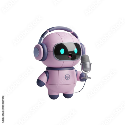 Cute Pink Robot Mascot Character Wearing Headphones Holding Silver Microphone on Transparent Background