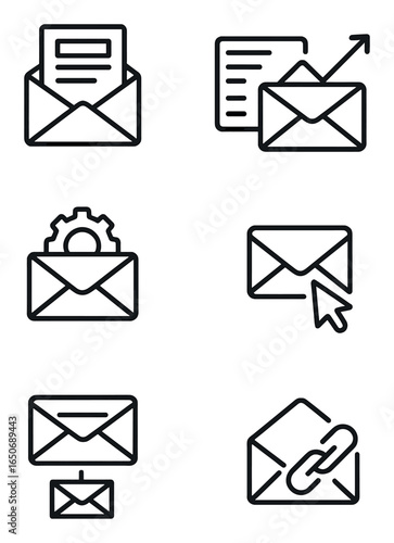 Email Marketing Icons. Outline icon set of email marketing: newsletter icon, email list, open rate chart,