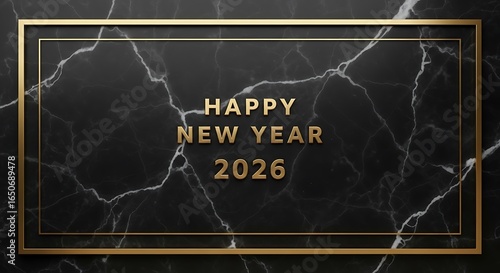 Happy New Year 2026 golden text on black marble background with golden frame