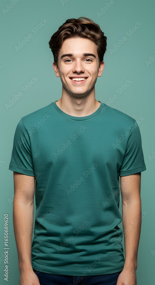 Obraz premium Smiling Young Man Portrait in Teal T-Shirt on Green Background