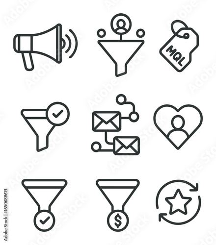 Marketing Funnel Icons. Outline icon set of marketing funnel: awareness icon, lead generation, nurturing flow,