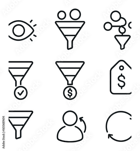 Marketing Funnel Icons. Outline icon set of marketing funnel: awareness icon, lead generation, nurturing flow,