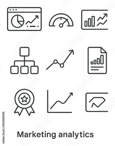 Marketing Analytics Icons. Outline icon set of marketing analytics: data dashboard, KPI meter, ROI graph,
