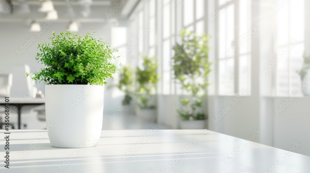 Fototapeta premium White Potted Plant Green Leaves Modern Office Interior White Desk isolated on a transparent background