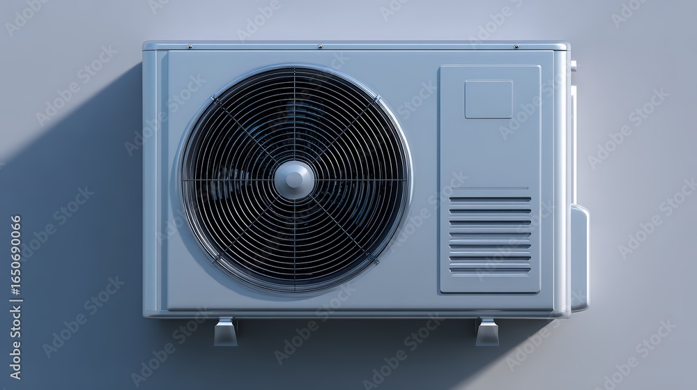Fototapeta premium Exterior Air Conditioner Unit Light Gray Metal Wall Mounted Cooling System Fan isolated on a transparent background