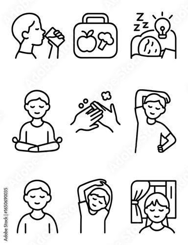 Healthy School Habits Icons. Outline icon set of healthy school habits: drinking water, healthy lunch, enough