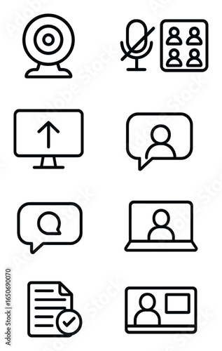 Remote Learning Icons. Outline icon set of remote learning tools: webcam, mute icon, screen share, breakout