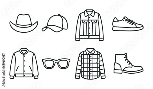 American Fashion Icons. Outline icon set of American fashion: cowboy hat, baseball cap, denim jacket, sneakers