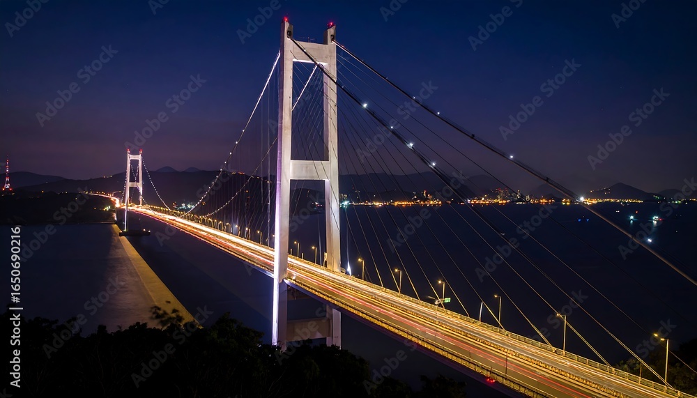 Fototapeta premium Illuminated suspension bridge spanning a body of water at night.